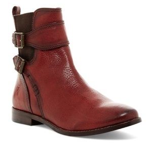 Frye Dark Red Leather Ankle Boots with Buckles